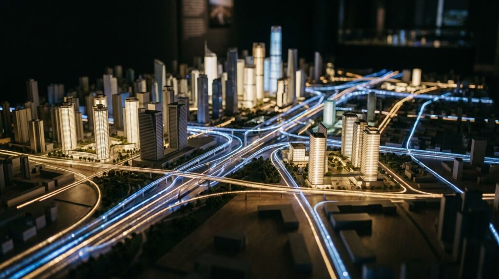 מודל עיר עתידני עם קווי מטרו זוהרים המייצג את ההזדמנויות הכלכליות של תמ"א 70 והפחתת היטל ההשבחה