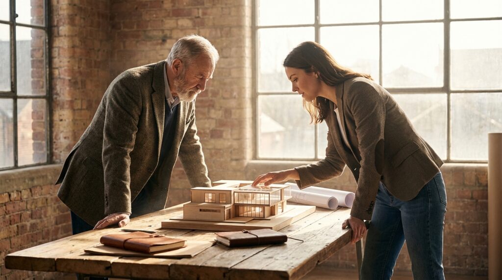 שמאי וייזם מתכננים אסטרטגית מעל מודל אדריכלי של פרויקט