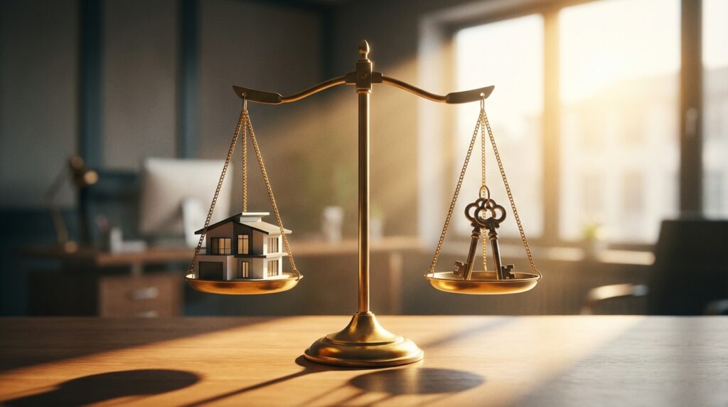 מאזניים המייצגים איזון וצדק בחלוקת נכס נדל"ן במהלך גירושין, עם בית מפתח בצד אחד ומפתחות נפרדים בצד השני.