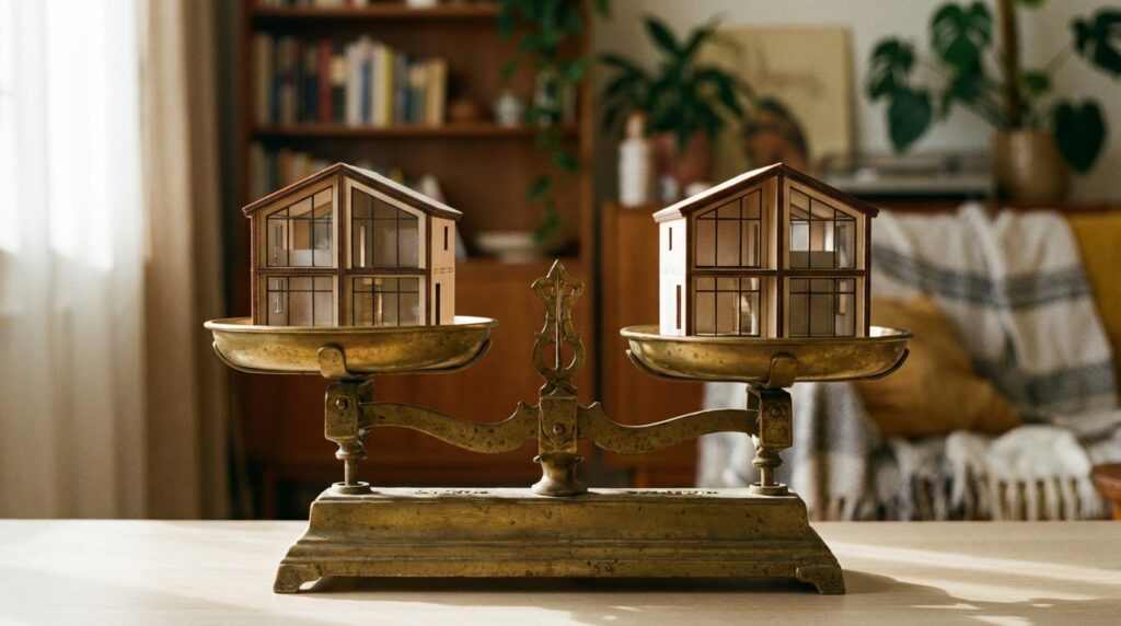 מאזניים מאוזנים עם שני דגמי בתים, המסמלים חלוקה הוגנת של ירושה באמצעות שמאות מקרקעין.