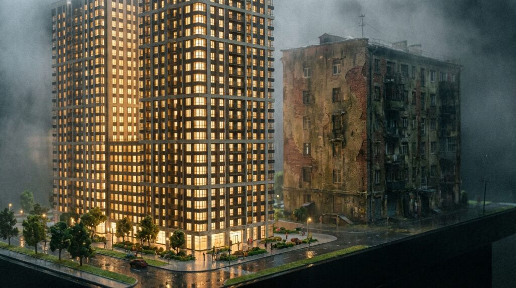 מודל אדריכלי הממחיש פרויקט פינוי בינוי והתחדשות עירונית על פי תקן 21