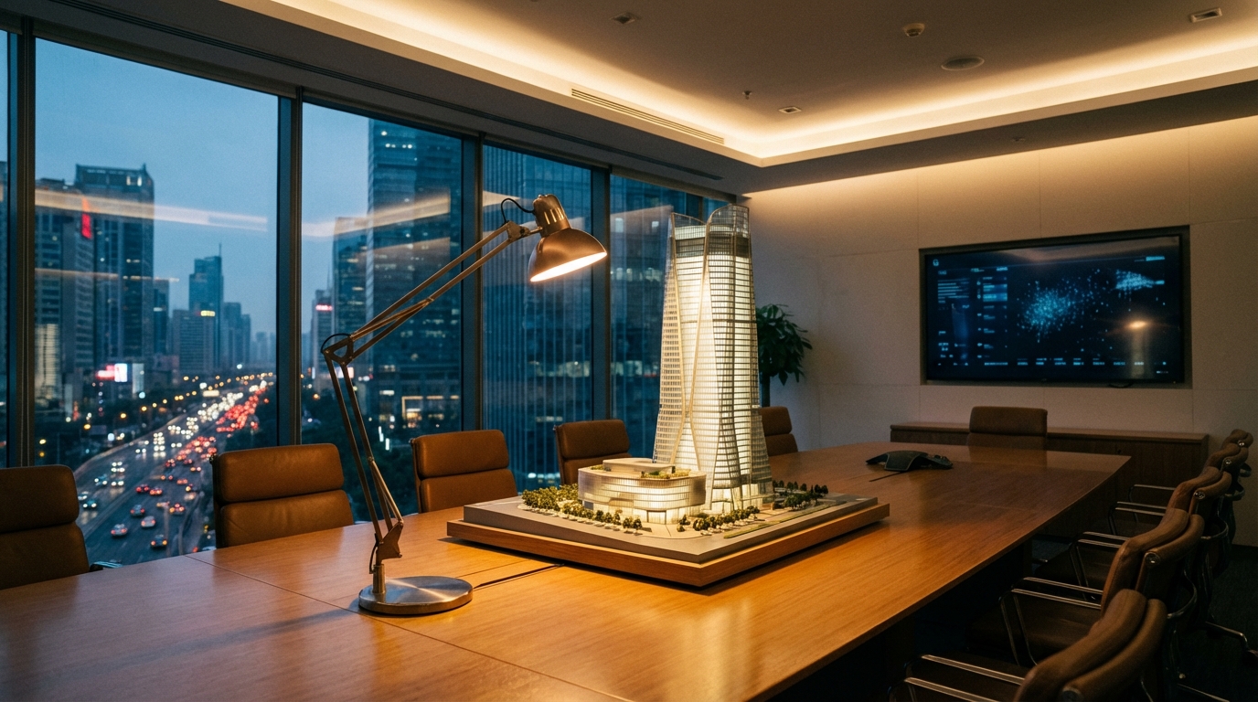 תמונה הממחישה עקרונות בהערכת שווי נכסים מסחריים עם מודל אדריכלי של בניין משרדים