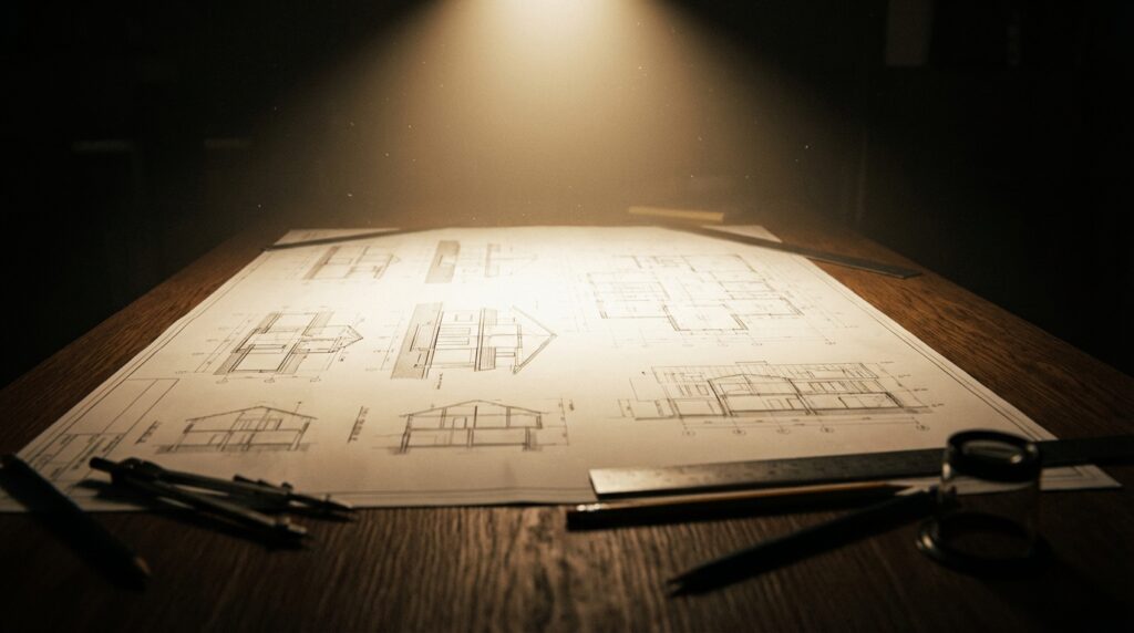 שרטוט אדריכלי מואר המייצג תהליך קבלת החלטות בבדיקת כדאיות כלכלית.