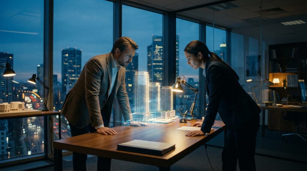 שני אנשי מקצוע בוחנים מודל תלת-ממדי של פרויקט נדל"ן במשרד יוקרתי, הממחיש ליווי פיננסי ליזמים.