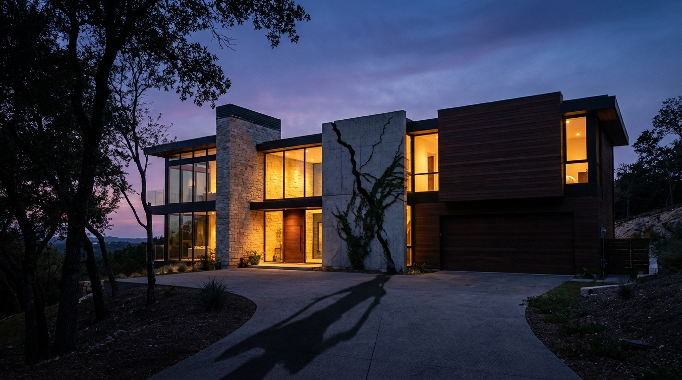 בית עם סדק גדול בקיר, המייצג את הסיכון הנסתר של חריגות בנייה.