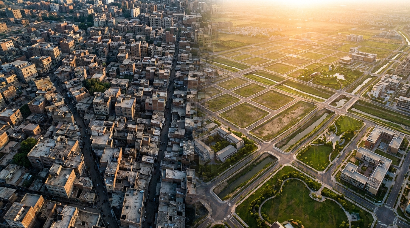 איור אווירי הממחיש הליך איחוד וחלוקה, המראה מעבר מכאוס לסדר תכנוני