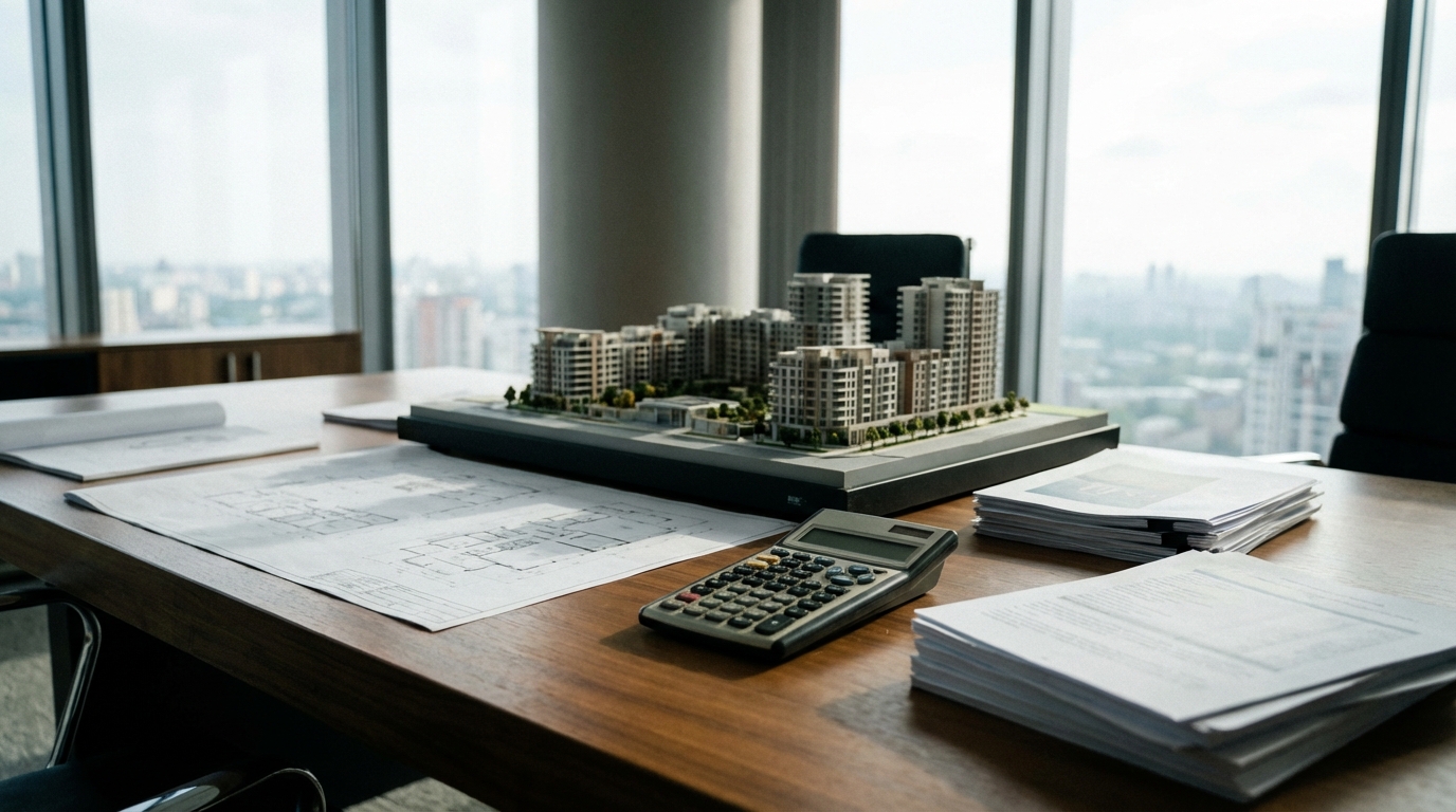שולחן עבודה של יזם נדל"ן עם תוכניות בנייה, המדגים את היתרונות של שמאות מוקדמת (Pre-Ruling)