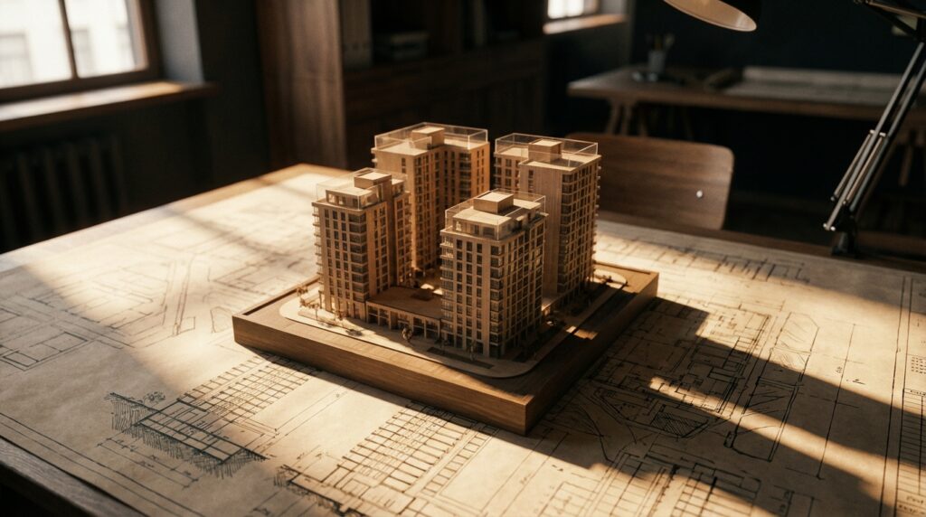 מודל אדריכלי של בניין רב קומות על גבי תוכניות בניין עיר, הממחיש הערכת שווי מגרש לבנייה רוויה