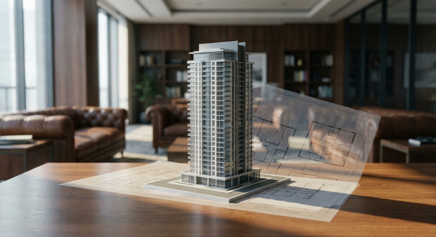 איור של חישוב אחוזי קומבינציה עם תוכניות בנייה ומודל של בניין מגורים