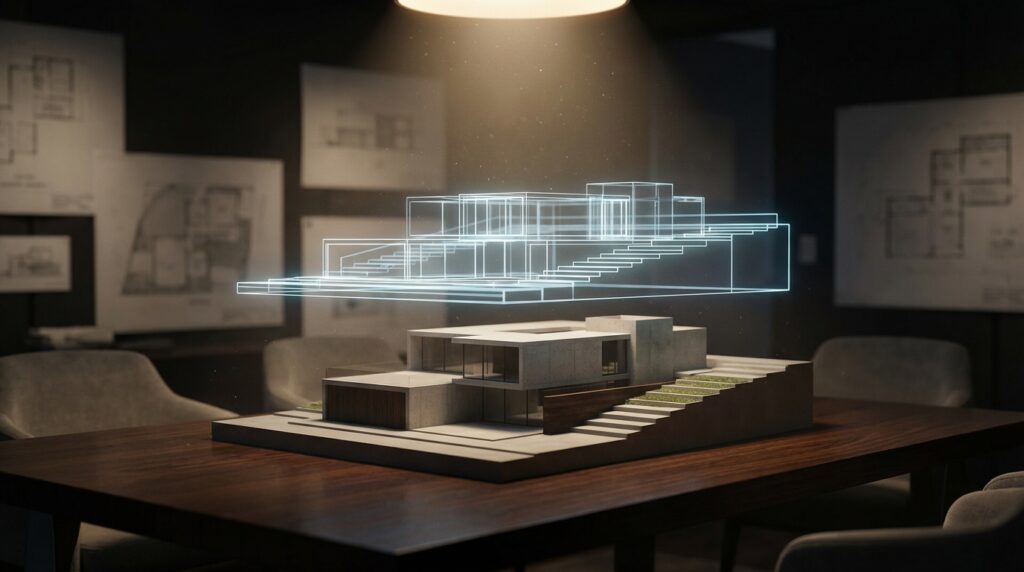 איור קונספטואלי של איתור זכויות בנייה נוספות, המציג תוכנית בניין זוהרת מעל מודל של בניין קיים.