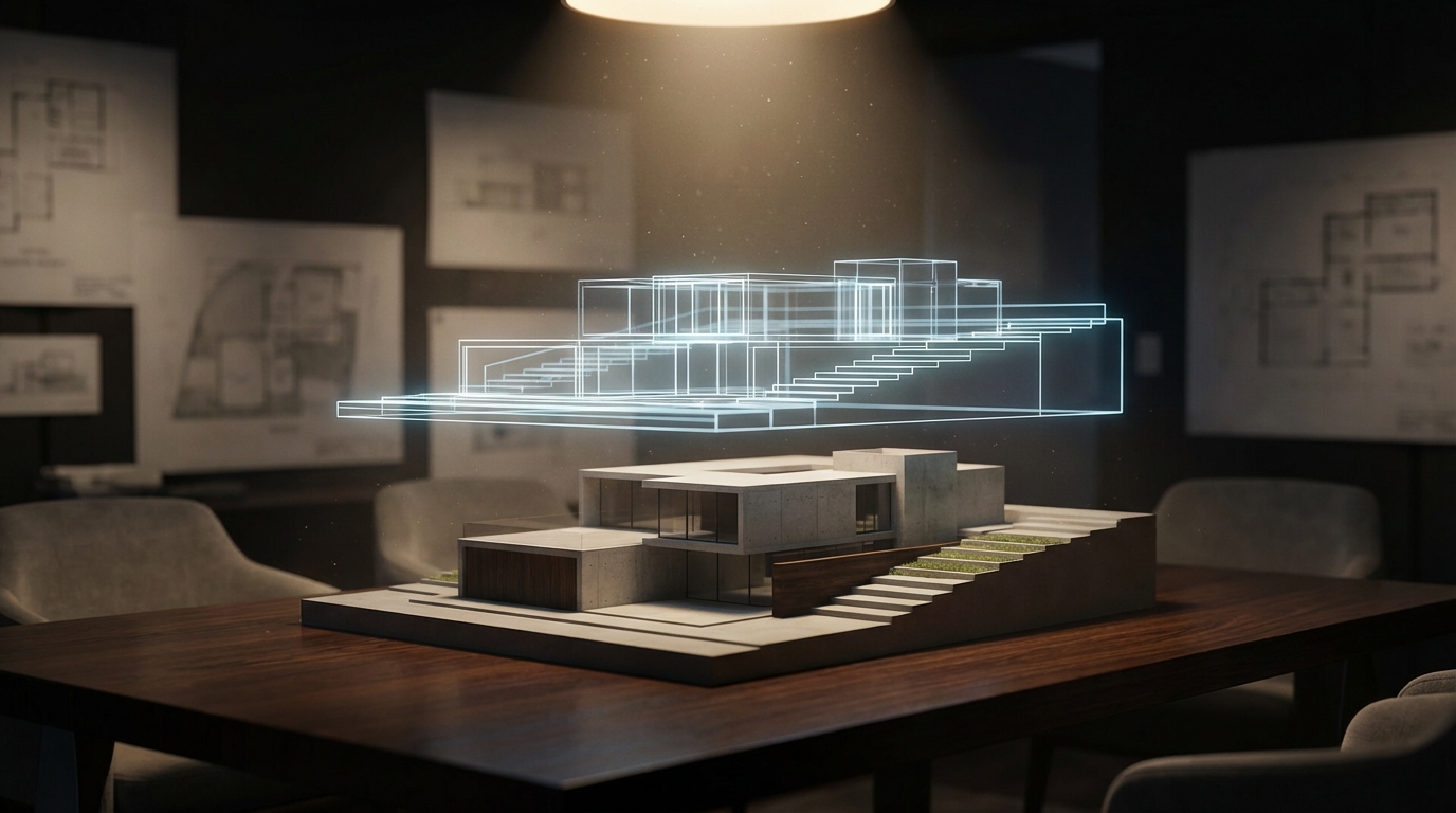 איור קונספטואלי של איתור זכויות בנייה נוספות, המציג תוכנית בניין זוהרת מעל מודל של בניין קיים.